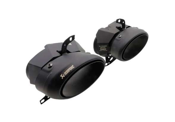 A view of a pair of Akrapovič Titanium tail pipe tips with a Black finish