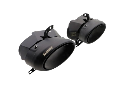 A view of a pair of Akrapovič Titanium tail pipe tips with a Black finish