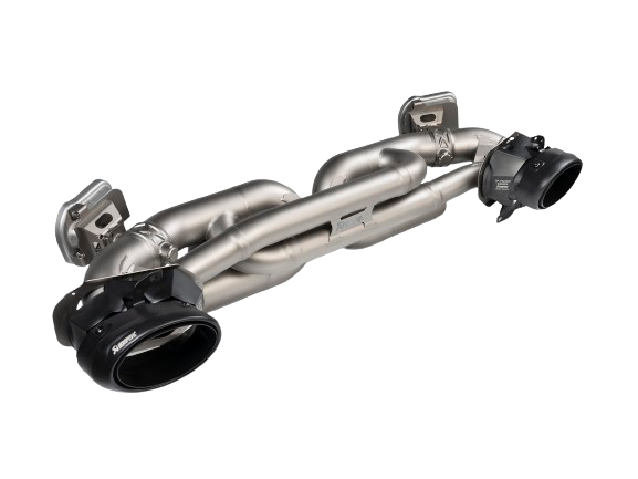 An Akrapovič Titanium Exhaust rear tail pipe set with twin oval pipes & Black tips