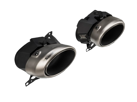 A pair of Akrapovič Titanium tail pipes with a Titanium finish