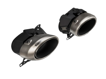 A pair of Akrapovič Titanium tail pipes with a Titanium finish