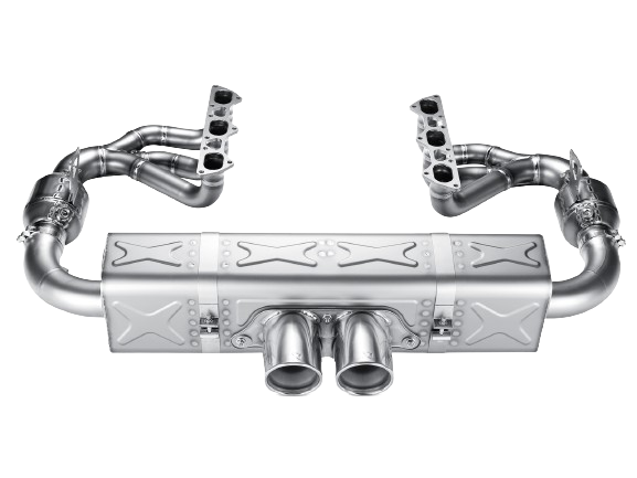Aerial view of an Akrapovič Titanium exhaust system with an Akrapovič Titanium double round tailpipe fitted