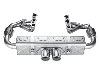 Aerial view of an Akrapovič Titanium exhaust system with an Akrapovič Titanium double round tailpipe fitted