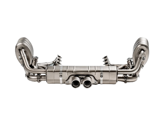 Front image of an Akrapovic Titanium Exhaust Evolution Header Set fitted to a tail pipe set with a double round tail pipe for Porsche 911 991.2 GT3 RS