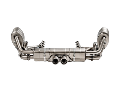 Front image of an Akrapovic Titanium Exhaust Evolution Header Set fitted to a tail pipe set with a double round tail pipe for Porsche 911 991.2 GT3 RS