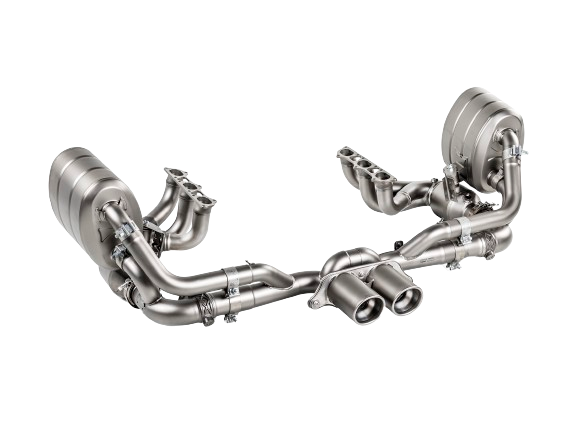 Front image of an Akrapovic Titanium Exhaust Evolution Header Set fitted to a tail pipe set for Porsche 911 991.2 GT3 RS