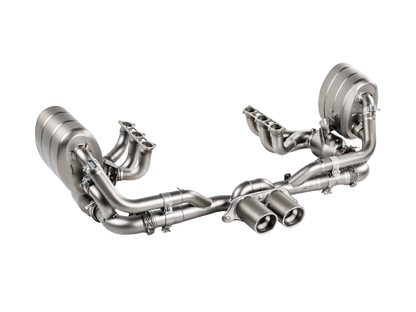Front image of an Akrapovic Titanium Exhaust Evolution Header Set fitted to a tail pipe set for Porsche 911 991.2 GT3 RS