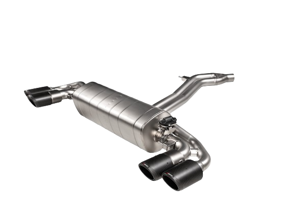 Front view of an Akrapovic Titanium Evolution Line exhaust with twin double round tail pipes with a Carbon finish