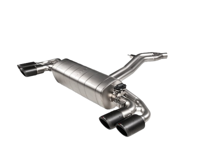 Front view of an Akrapovic Titanium Evolution Line exhaust with twin double round tail pipes with a Carbon finish