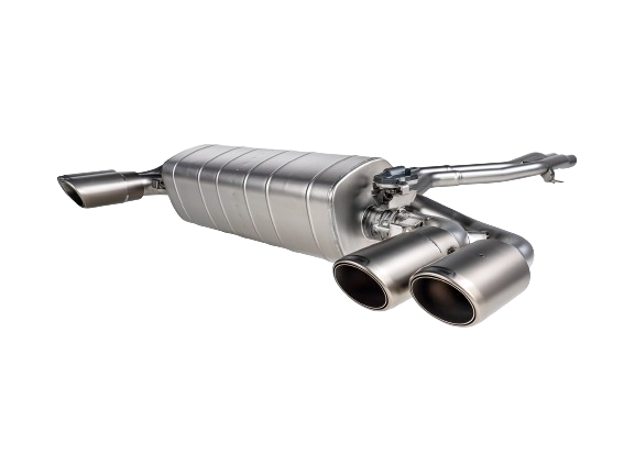 Front view of an Akrapovic Titanium Evolution Line exhaust with twin double round tail pipes with a Titanium finish