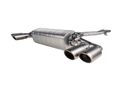 Front view of an Akrapovic Titanium Evolution Line exhaust with twin double round tail pipes with a Titanium finish