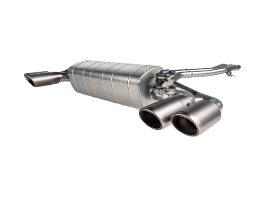 Front view of an Akrapovic Titanium Evolution Line exhaust with twin double round tail pipes with a Titanium finish