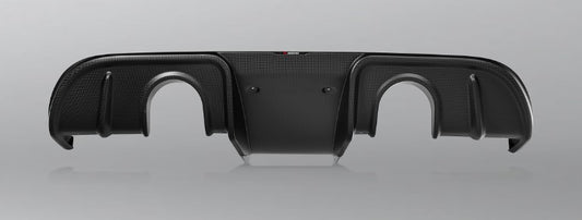 Front view of an Akrapovič carbon fibre rear diffuser with a matte finish