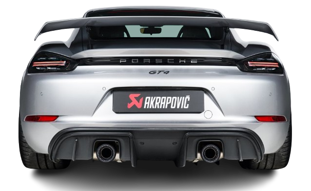 Rear view of a silver Porsche GT4 with an Akrapovič exhaust, with twin pipes, fitted