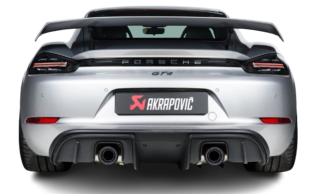 Rear view of a silver Porsche GT4 with Akrapovič diffuser & twin tail pipes fitted