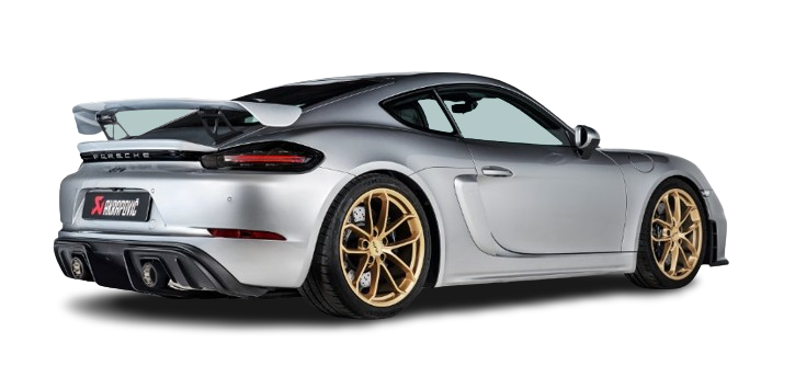 Offside rear view of a silver Porsche GT4 with Akrapovič diffuser & twin tail pipes fitted