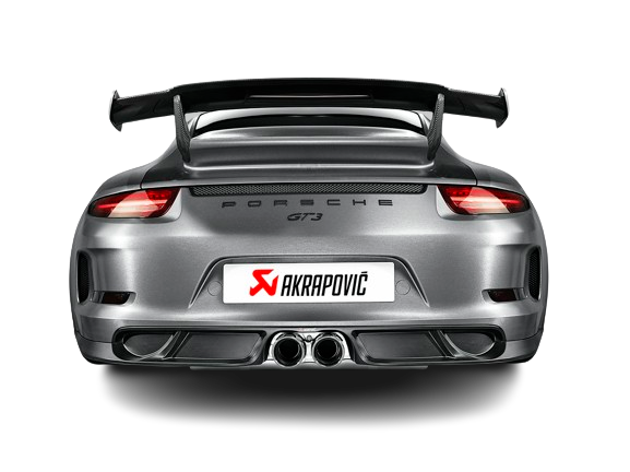 Rear view of a Metallic Grey Porsche 911 991 GT3 with a large rear spoiler, Akrapovič double round tail pipe exhaust & carbon fibre rear diffuser fitted