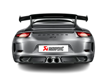 Rear view of a Metallic Grey Porsche 911 991 GT3 with a large rear spoiler, Akrapovič double round tail pipe exhaust & carbon fibre rear diffuser fitted