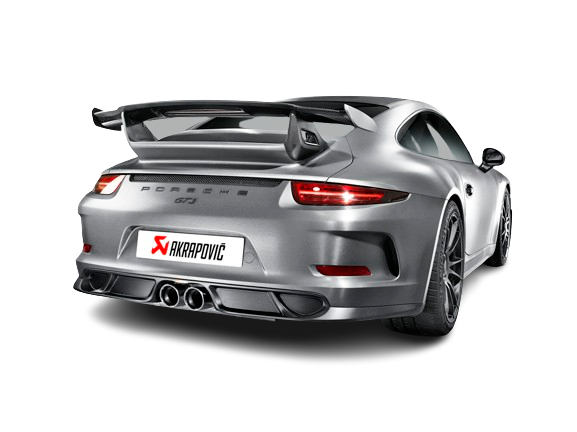 Offside rear view of a silver Porsche 911 991 GT3 with an Akrapovič carbon fibre rear diffuser & Titanium double round tailpipe fitted