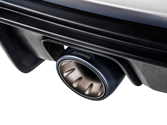 Close up view of an Akrapovič titanium tail pipe with black finish