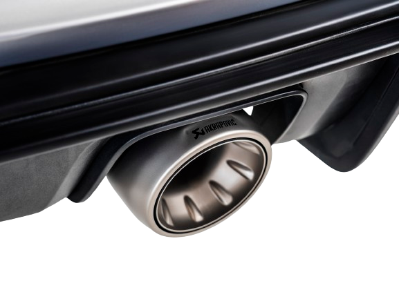 Close up view of an Akrapovič titanium tail pipe