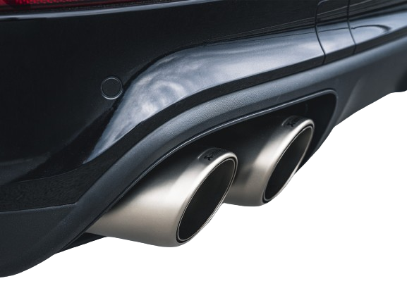 View of a pair of Akrapovič twin double round tail pipes with a high grade Titanium finish fitted to a vehicle with a rear diffuser