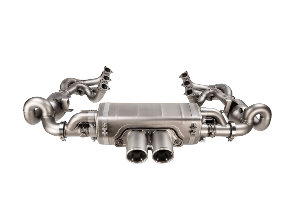 Image of an Akrapovič Titanium evolution header set fitted to an Akrapovič rear exhaust with a twin double round pipe