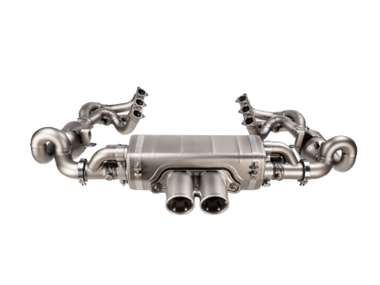 Image of an Akrapovič Titanium evolution header set fitted to an Akrapovič rear exhaust with a twin double round pipe