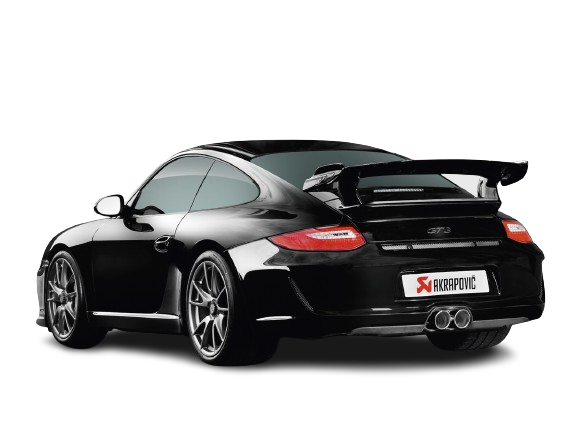 Nearside rear view of a black Porsche GT3 with an Akrapovič Titanium double round tailpipe fitted