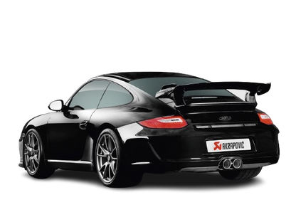 Nearside rear view of a black Porsche GT3 with an Akrapovič Titanium double round tailpipe fitted