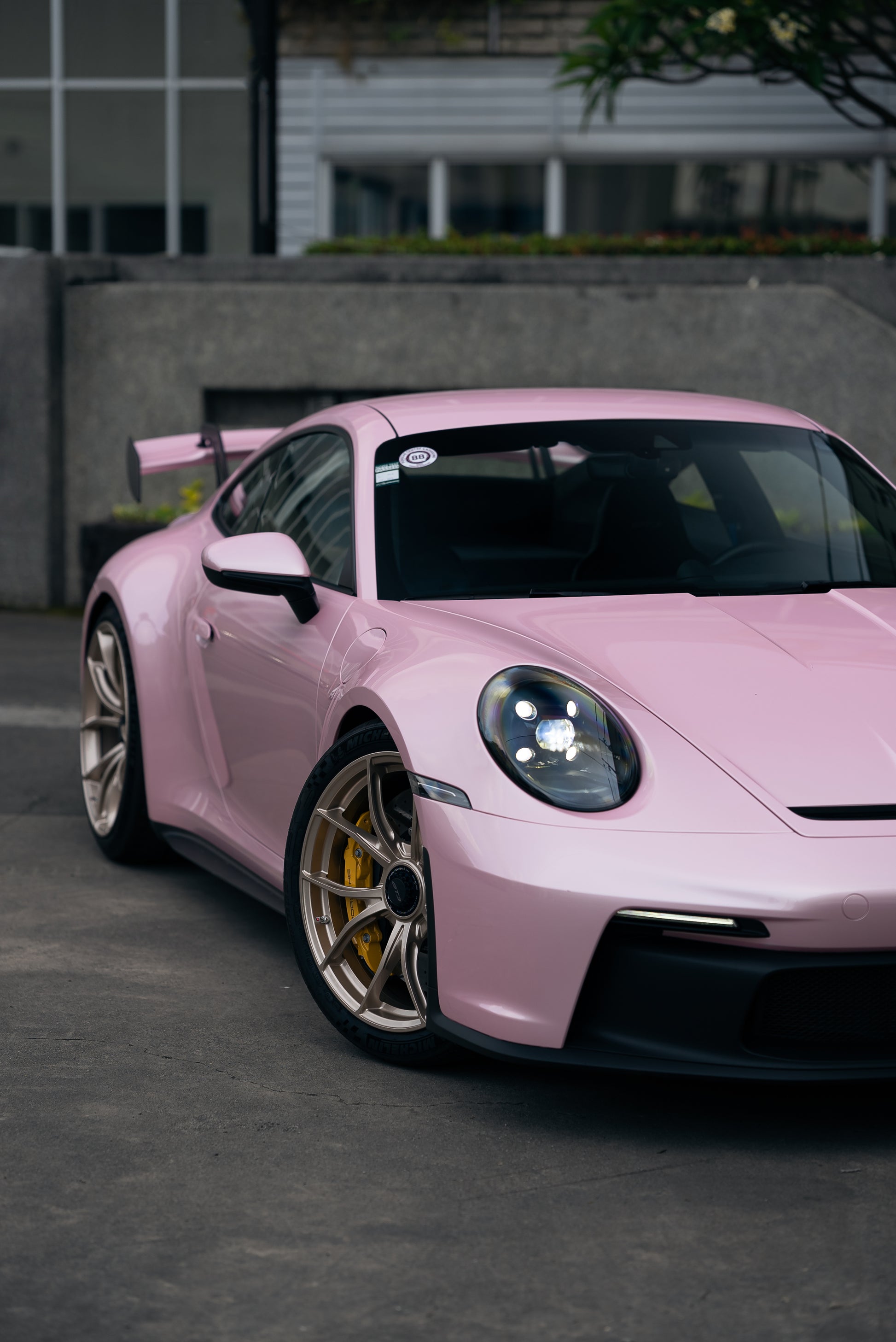 Offside front raised view of a Pink Porsche GT3 with IPE MFR-01 Magnesium wheels fitted