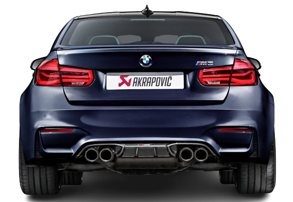 Rear view of a Blue BMW M3 with an Akrapovic exhaust & rear carbon fibre diffuser fitted