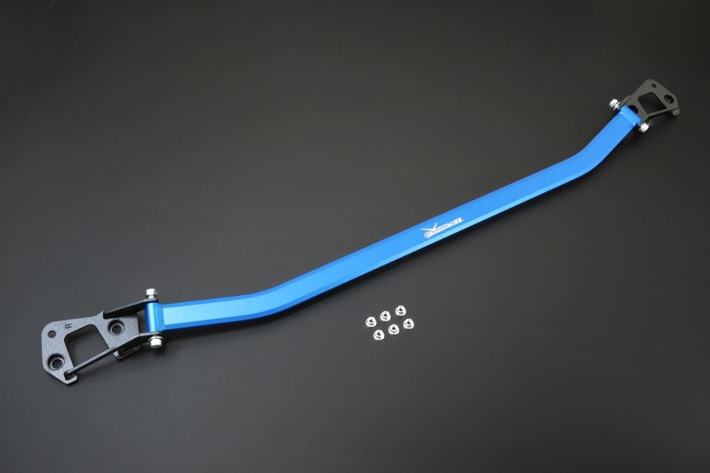 Aerial view of a Hardrace Front Strut Bar in Blue with fitting nuts on a Black background