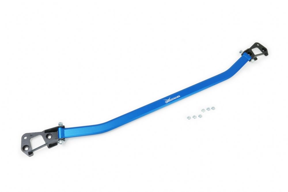 Aerial view of a Hardrace Front Strut Bar in Blue with fitting nuts on a White background