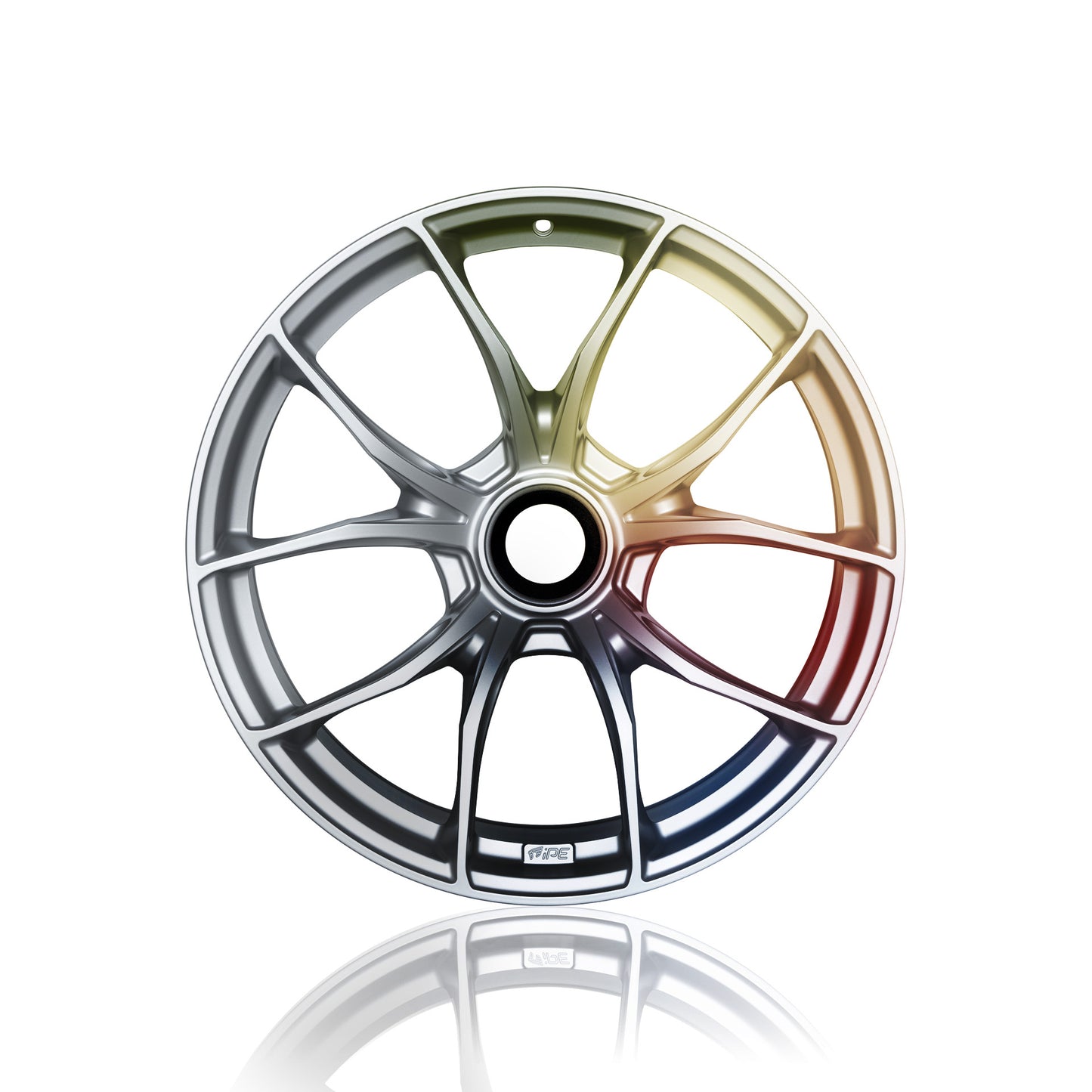 Front view of a multicoloured IPE MFR-01 Magnesium wheel on a white background