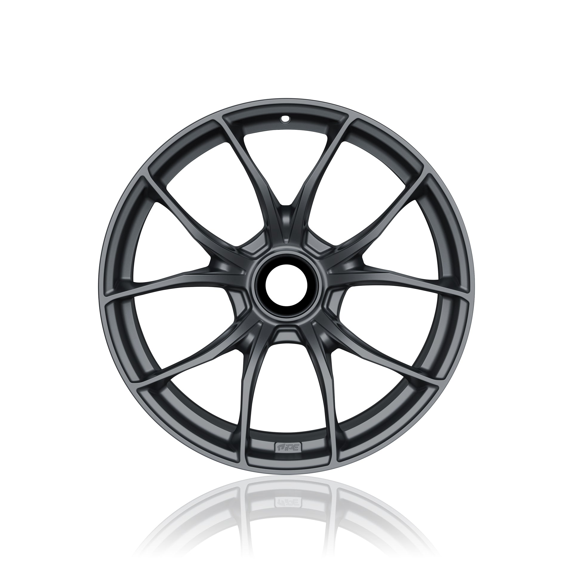 Front view of an anthracite IPE MFR-01 Magnesium wheel on a white background