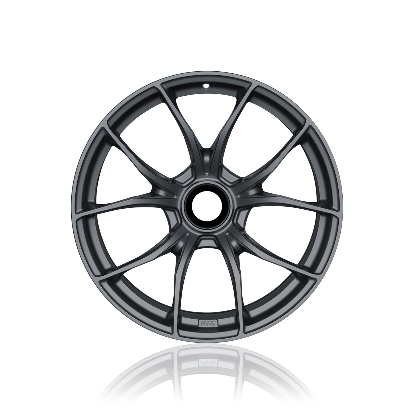 Front view of an anthracite IPE MFR-01 Magnesium wheel on a white background