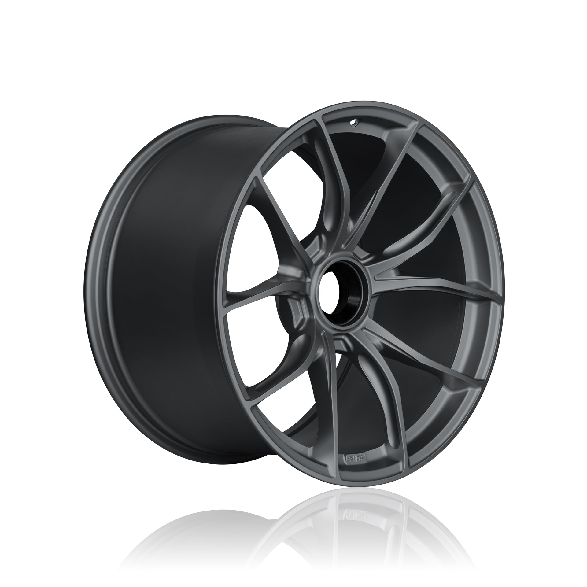 Offset front view of an anthracite IPE MFR-01 Magnesium wheel on a white background