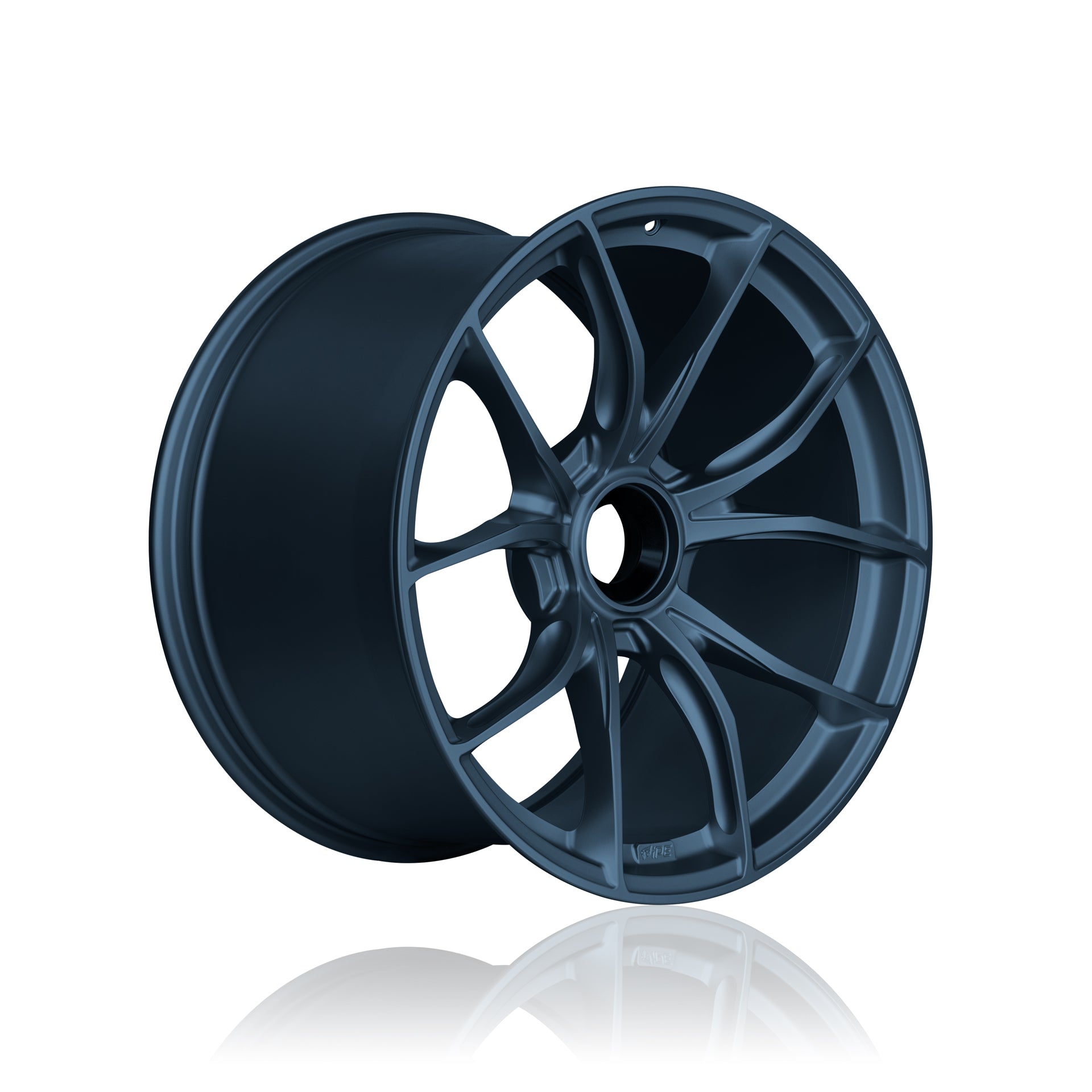 Offset front view of a blue IPE MFR-01 Magnesium wheel on a white background