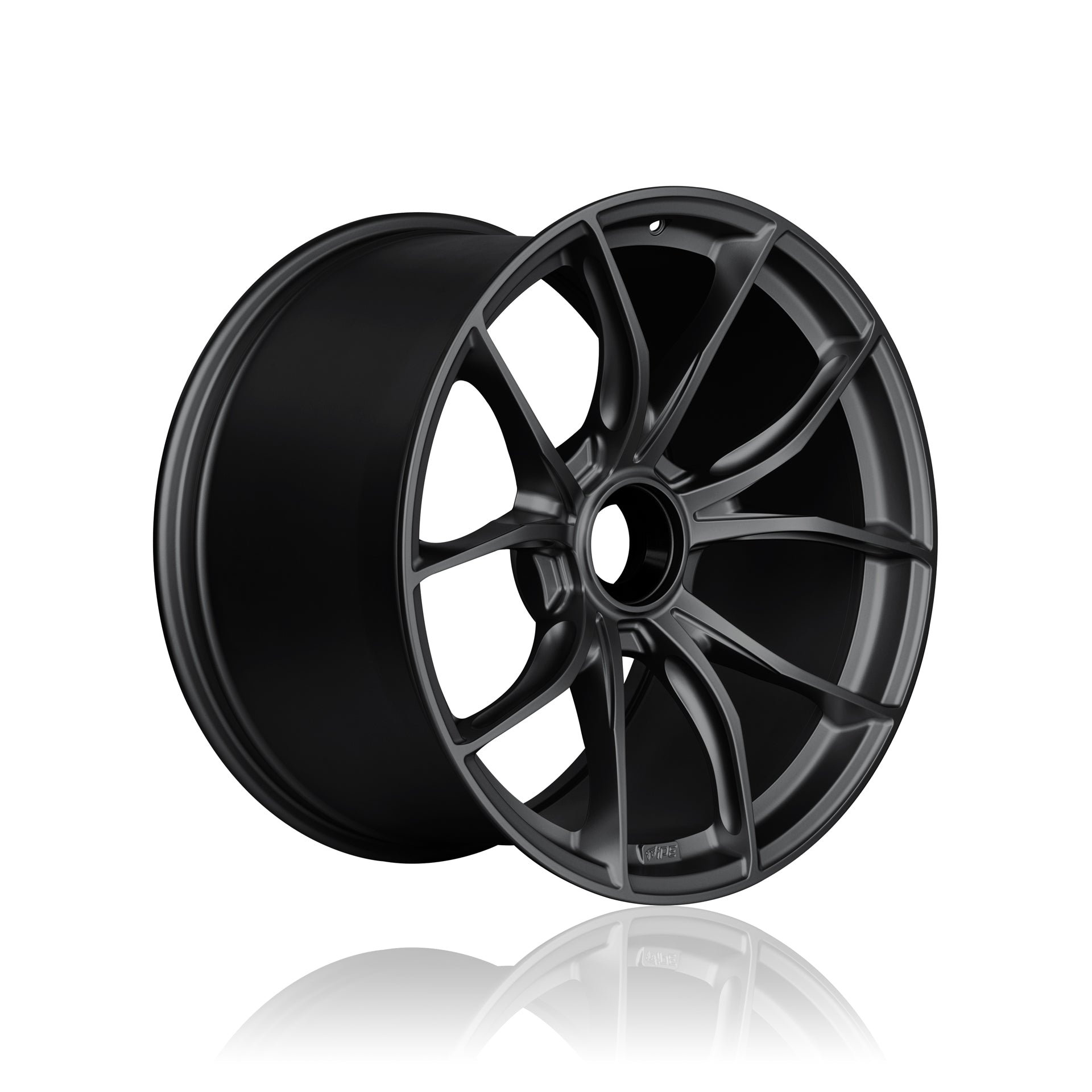 Offset front view of a black IPE MFR-01 Magnesium wheel on a white background