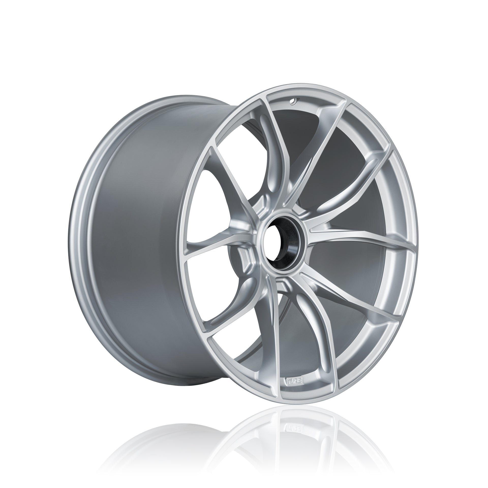 Nearside front view of an IPE MFR-01 Magnesium wheel in silver with a multi-spoke design against a white background