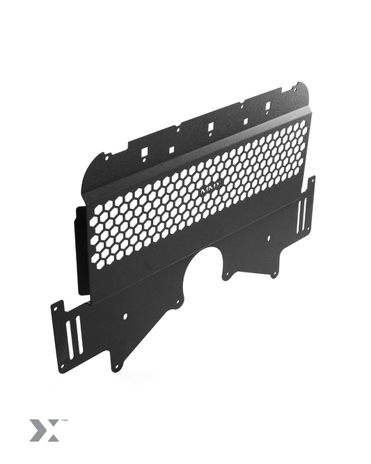 MMX G8x radiator guard installed - black powder coat finish with optimised hexagonal aperture pattern
