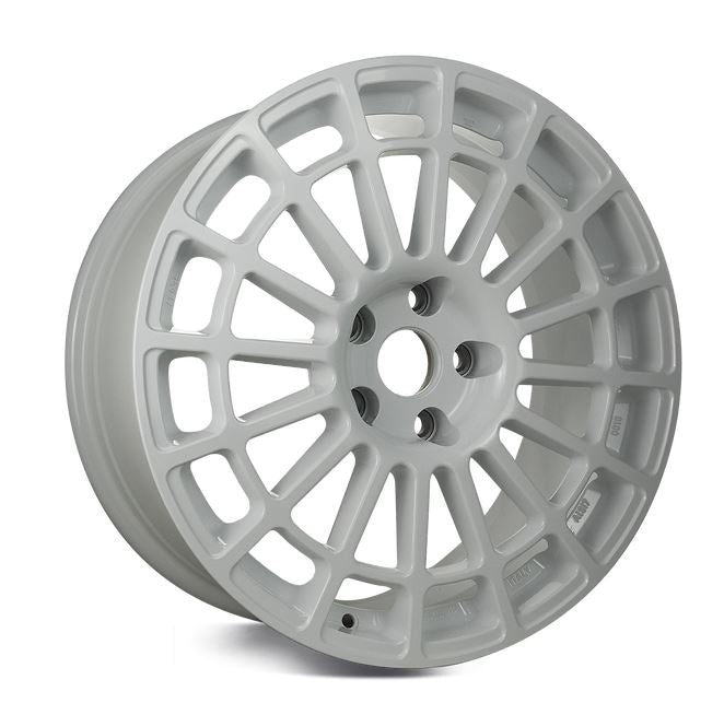 Front view of a Monte Corse 18-inch white wheel with a multi-spoke design against a black background 