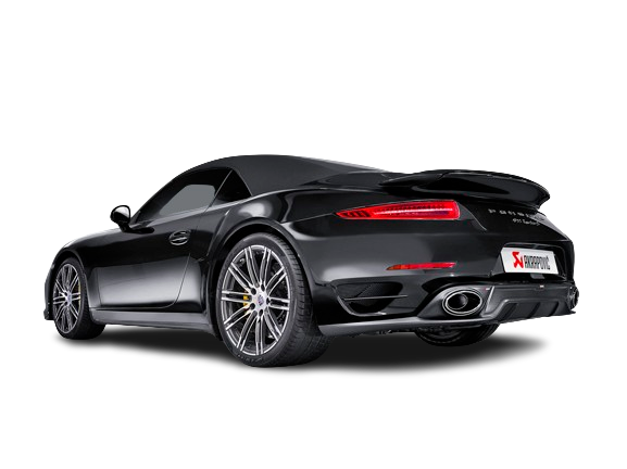 Nearside rear view of a Black Porsche 911 991.1 Turbo S with an Akrapovič Titanium rear silencer with twin oval, carbon fibre tail pipes & diffuser fitted