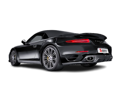 Nearside rear view of a Black Porsche 911 991.1 Turbo S with an Akrapovič Titanium rear silencer with twin oval, carbon fibre tail pipes & diffuser fitted