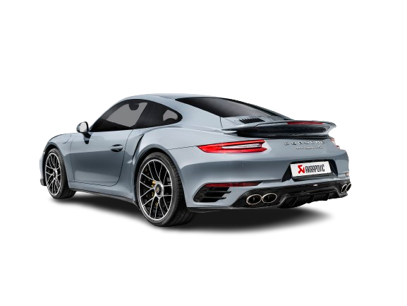 Nearside rear view of a Grey Porsche 911 991.2 Turbo S with an Akrapovič Titanium exhaust with Quadruple Tail pipes & rear diffuser fitted