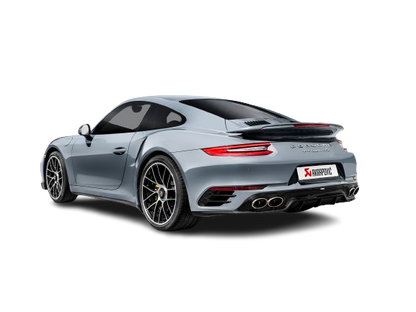 Nearside rear view of a Grey Porsche 911 991.2 Turbo S with an Akrapovič Titanium exhaust with Quadruple Tail pipes & rear diffuser fitted