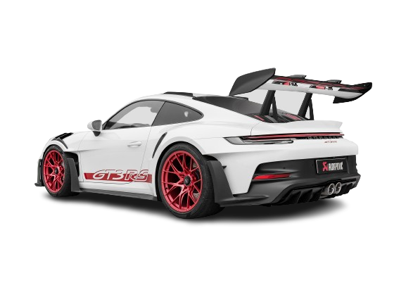 Nearside rear view of a Porsche 911 992 GT3 RS with Red & Black trim, large rear spoiler & an Akrapovič titanium, twin pipe exhaust fitted