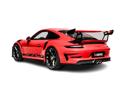 Nearside rear view of a Red Porsche 911 GT3 RS 991.2  with rear spoiler & an Akrapovič exhaust with twin round tail pipes fitted