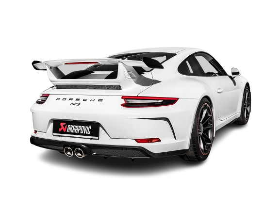 Offside rear view of a White Porsche 911 991.2 GT3 with an Akrapovič exhaust fitted & twin round tail pipes